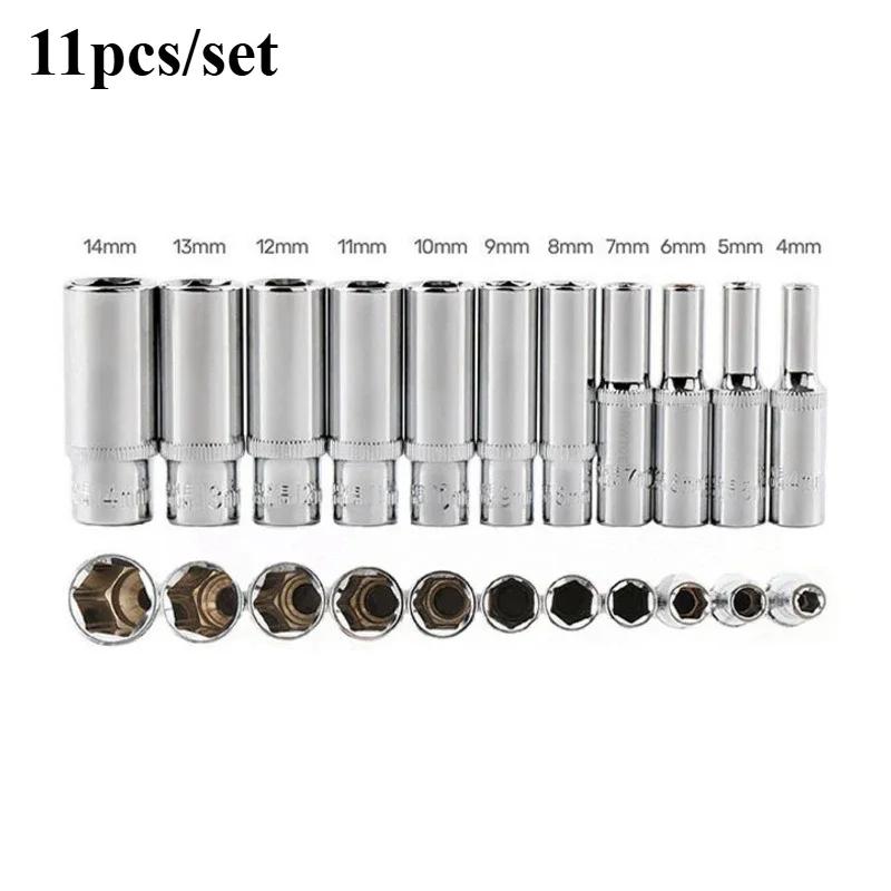 11pcs 4 Mm To 14 Mm Professional Grade Metric Long Chrome Socket Set 1/4-Inch Drive 6-Point Deep Socket