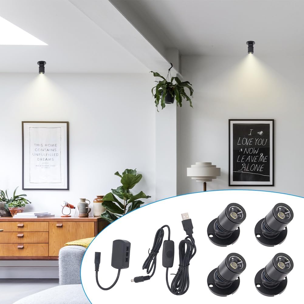 LED Mini Spot Light, Dimmable LED Spots Lights with 6.6 Feet Cable Stepless Dimming Control Switch Jewelry Showcase Display Lighting Fixture 5V USB