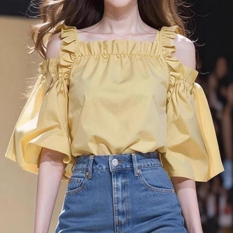 Women Off Shoulder Ruffled Trim Puff Sleeve Solid Color Blouse S жёлтый