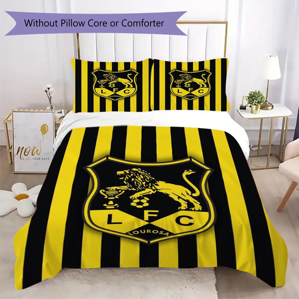 LFC Lourosa 3Pcs Bedding Set Black Yellow Vertical Stripe Lion Badge Print Duvet Cover 2 Pillowcases Football Fan Bedding
