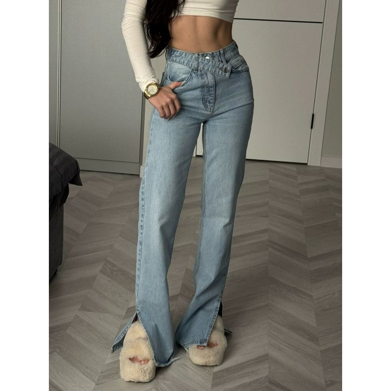 

American Style Distressed Retro Blue Denim Asymmetrical Design Silm Slim Looking Hip Bag Split High Waist Straight Mopping Pants Presale L