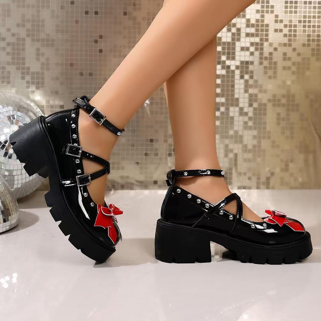 Mode Neue Damen Mary Jane Schuhe für Damen Knöchelriemen Lolita Schuhe Plateau Leder Schleifen Punk Gothic Klobige Absatz-Sneakers Femme