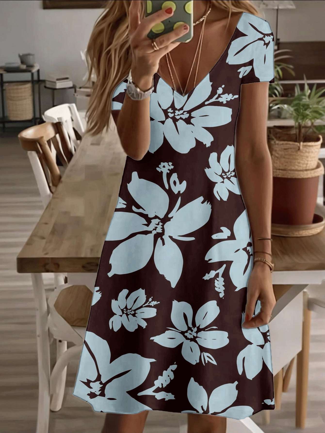 

Vneck shortsleeve midi dress tropical floral print pattern 3D highquality printing durable casual fashion beach summer style elegant lightweight breat M дубильна кора