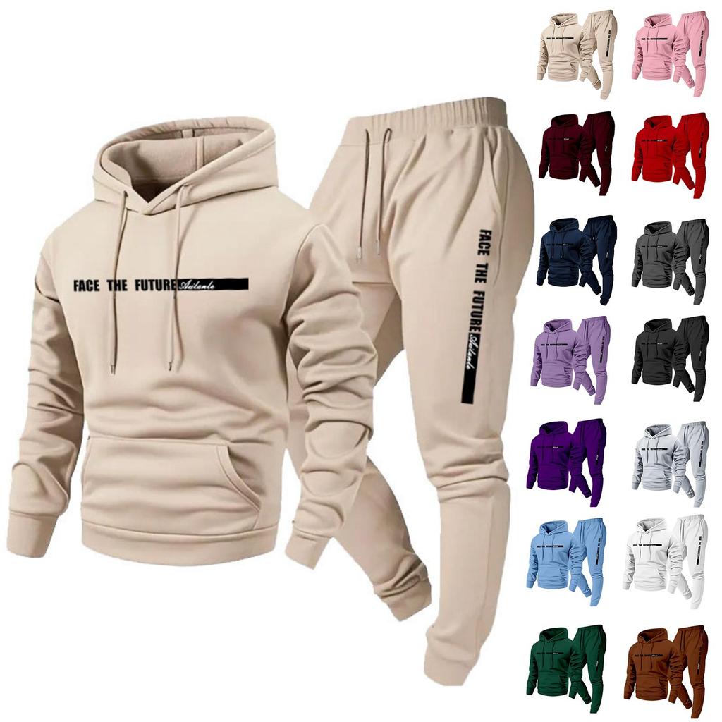 Men's Casual Solid Color Letter-printed Sweatshirt Set, Men's Fleece Hooded Drawstring Sweatshirt And Sweatpants Two-piece Set