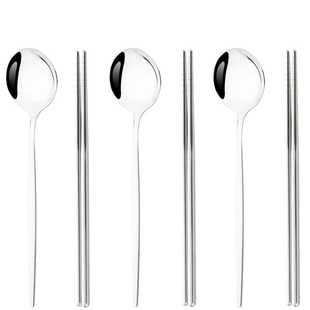 6Pcs High Quality Dinnerware Set Stainless Steel Flatware Set Mirror Kitchen Tableware Gold Dinner Spoon Chopsticks Cutlery Set