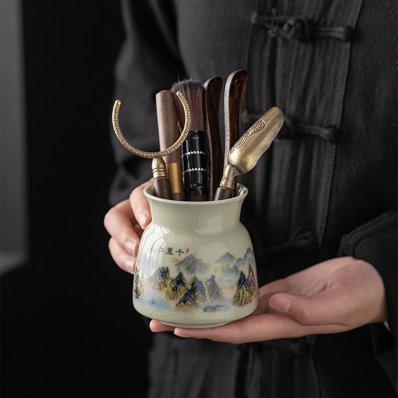 Ru Kiln Tea Black Sandalwood Solid Wood Tea Clip Teaspoon Tea Needle Brush Tea Set Accessories Complete Set of High-end Thousands of Miles of Country
