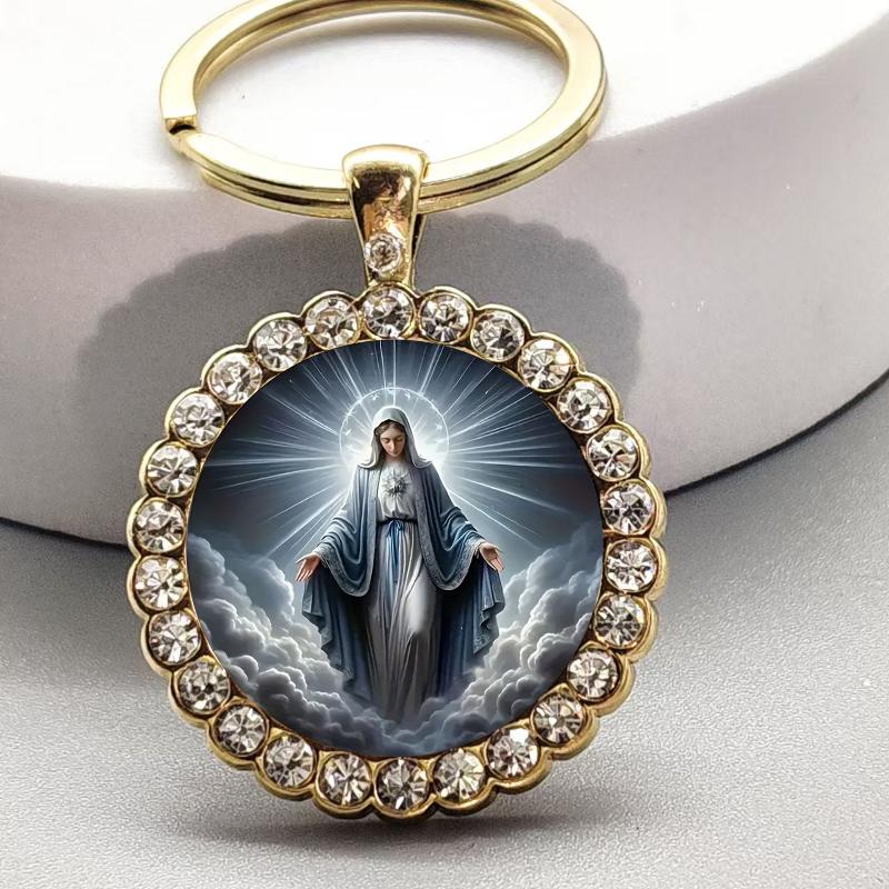 Alloy Round Keychain Virgin Mary Keyrings Pendant Christian Saint Jewelry Religious Christian Faith Gift