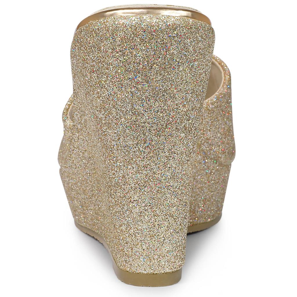 Allegra K Women's Open-Toe Wedge Heel Sandals with Glitter Platform Slip-On, Gold, Size 25.0cm