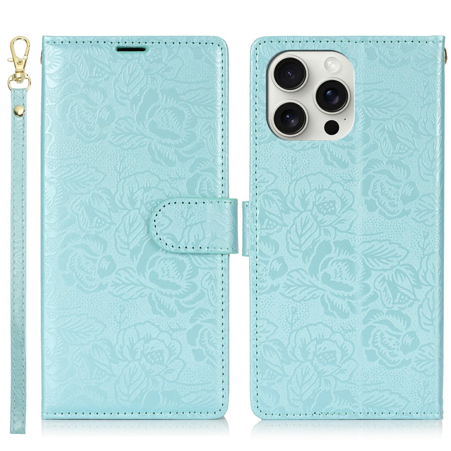 

For iPhone 14 Pro Max Case with Hand Strap Flower Imprint Leather Wallet Phone Cover E