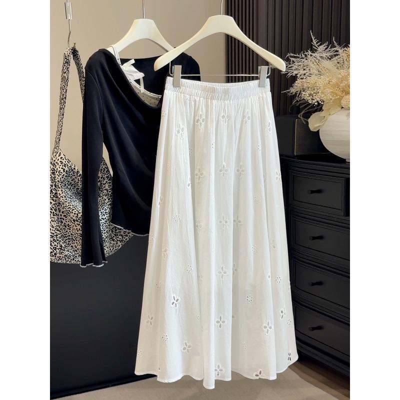 

New Spring White Temperament Embroidery Hollow Flower Skirt Women s Pendant Long Skirt High Waist Skinny Skirt One size fits all