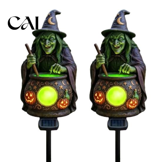Rozmarná čarodějnická umělecká solární lampa v kotlíku na zahradní kolík, Voděodolná pryskyřice, Svítící LED dekorace, Figurka, Socha, Strašidelná venkovní lampa na cestičku pro terasu