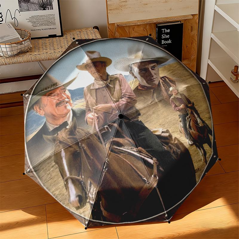 1pc Legendary John Wayne Umbrella Portable Folding Umbrella Iron Frame Hole Bone Structure Outdoor Home Umbrella
