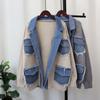 Autumn Winter Denim Pocket Spliced Women Sweater Jacket Casual Versatile Knit Female Cardigans Coat Tops