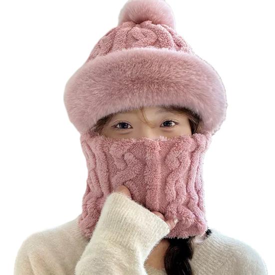 Gorro Pulôver 3-em-1 Gorro de Tricô Cor Sólida Decoração de Bola de Pelúcia Forro de Lã Cachecol Máscara Facial Chapéu Acessórios para Clima Frio