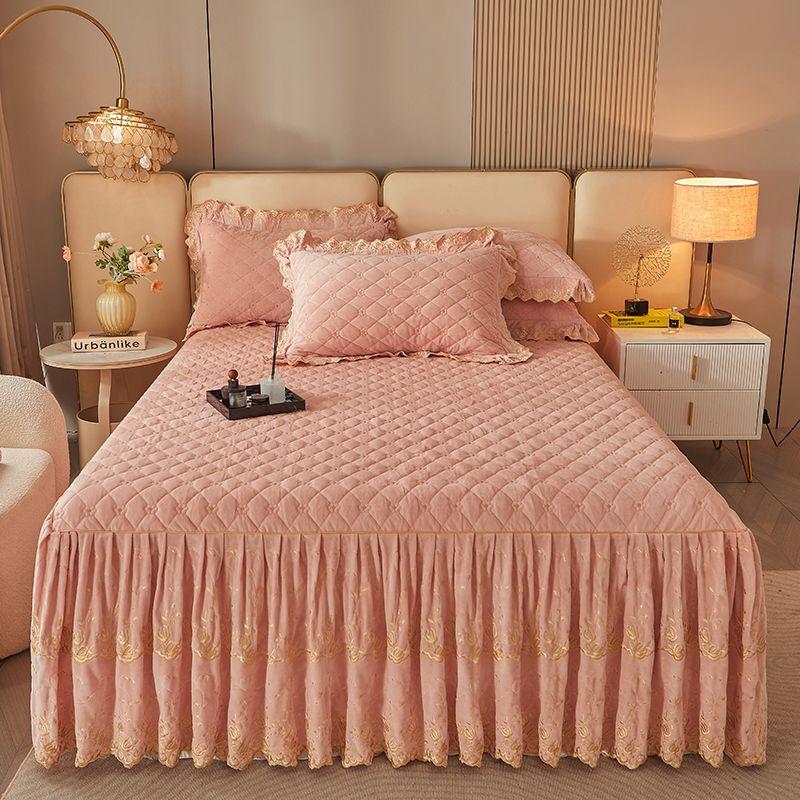 

Современный стеганый комплект из кружевной клетчатой юбки с наволочками - 3 предмета, мягкий, удобный, дышащий, однотонный дизайн для спальни 1.5m bed skirt 3pcs set