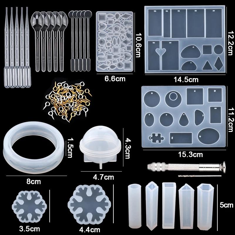Resin Molds Silicone Kit with Epoxy Resin Supplies Dried Flowers Earring Hooks Foil Flakes Necklace Cord for DIY Jewelry Making