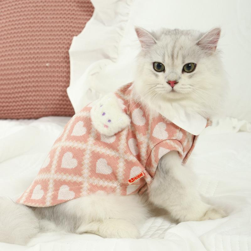

Cute Bear Plush Cat Round Neck Shirt Soft Anti Shedding Pet Clothes Warm Daily Indoor Outdoor Wear 2 Colors XS: 30cm Chest, 0.5-1.5kg