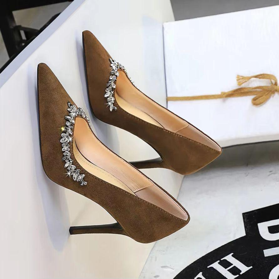 Fashion Sexy Pointed High-heeled Shoes Rhinestones Women Pumps Suede Stilettos 10 CM High Heels Premium Banquet Shoes Lady Party Shoes