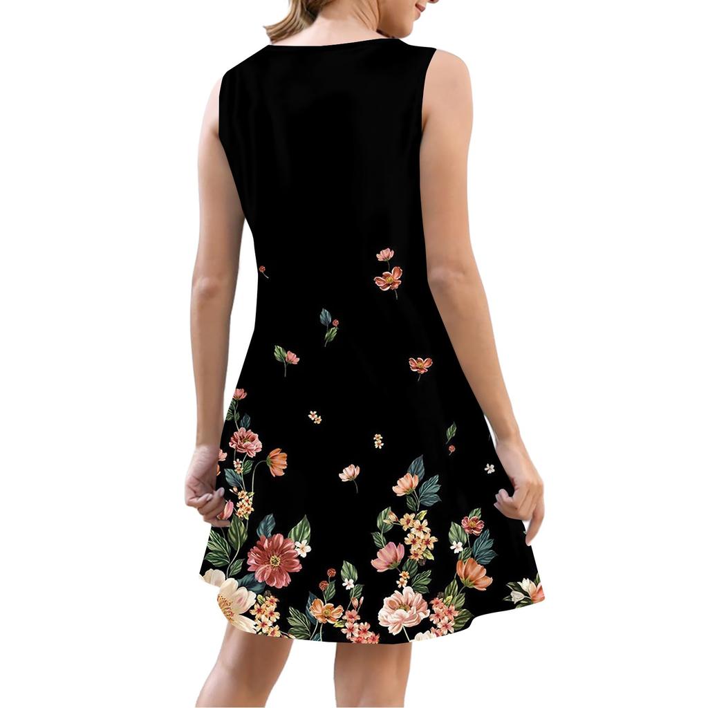Women's Summer Dress With Pocket Sleeveless Floral Print Sundress