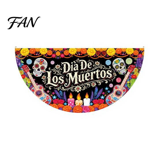 Reusable Party Entrance Sign Day of The Dead Skull Bunting Banner, Marigold Print Fiesta Unique Fan Shaped Banner Hanging Flag, Colorful Sugar Outdoor