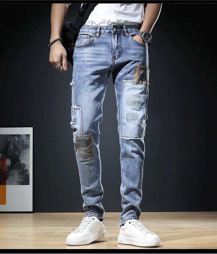 Men's Korean Style Patchwork Skinny Jeans - Spring & Autumn Trendy Nine-Point Casual Pants