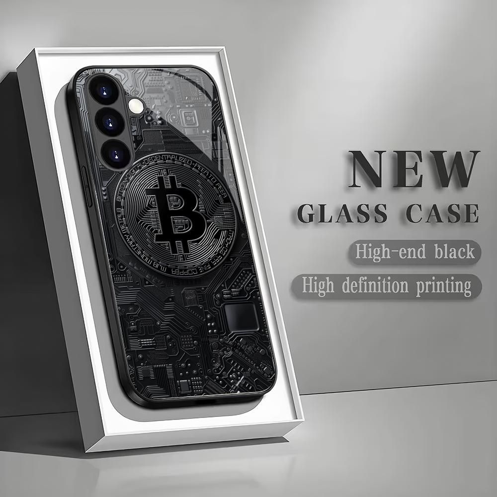 Bitcoin black tempered glass phone case suitable for Samsung Galaxy S26 S25 S24 S22 S21 S20 FE/Ultra/Plus anti drop back cover