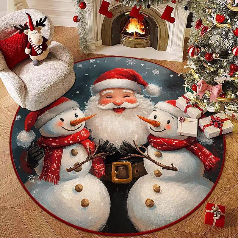 Christmas Joyful Santa Claus Snowman Carpet Mat Round Red Gift Boxes Rug Festive Non-slip Home Decoration for Living Room Carpet