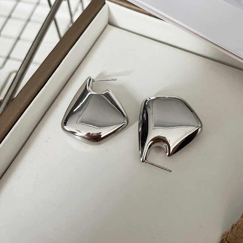 Fashion Minimalist 925 Silver Needle Asymmetrical Hollow Special-Interest Design Fancy Gold Plated Ins Geometric Glossy Large Earrings