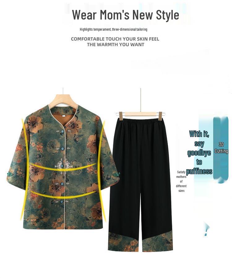 Plus Size Women's Mid-Sleeve Tang Suit Top & Pants Set - Stylish Spring/Autumn Chinese Style for Mom