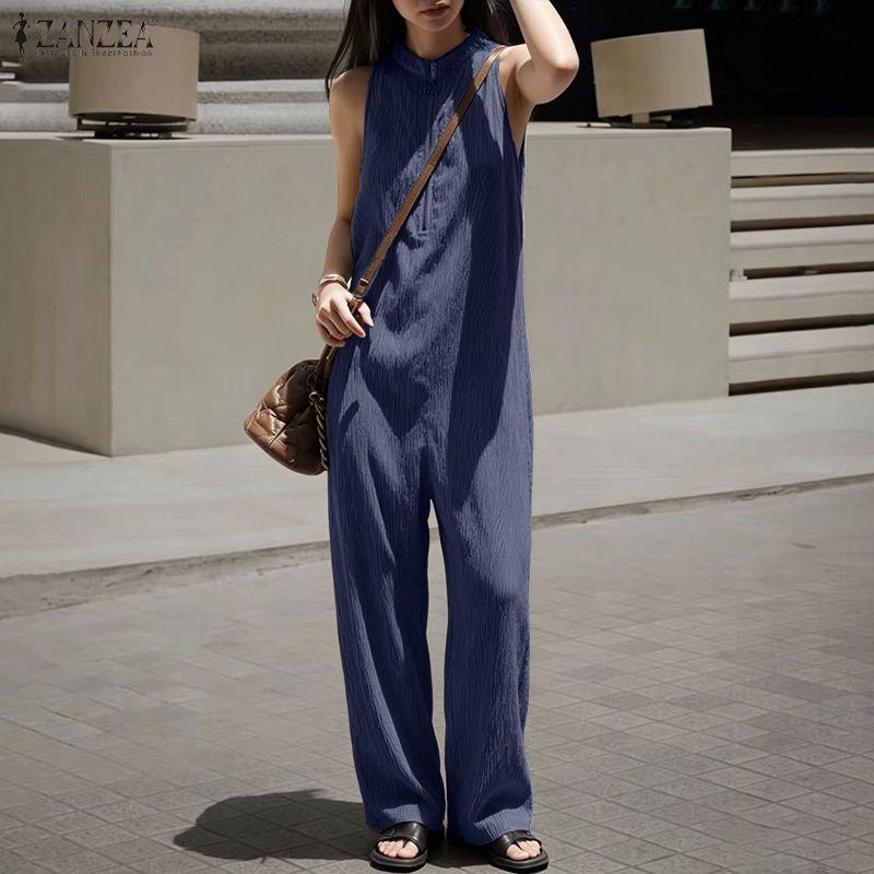 ZANZEA Women Elegant Casual Round Neck Loose Sleeveless Long Jumpsuits