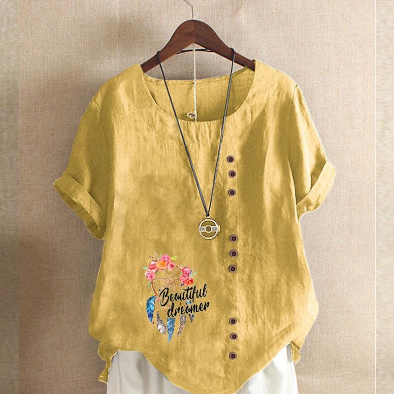 Women's Fashion Feather Letters Prined Short Sleeve T-shirt Loose Cotton Shirt Casual Loose Summer Blouse Tops Plus Size