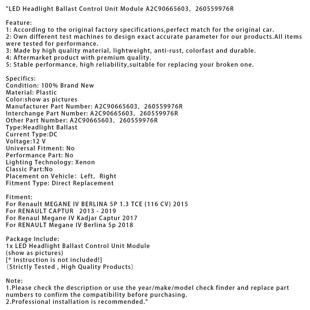 LED Headlight Ballast Control Unit Module A2C90665603 260559976R