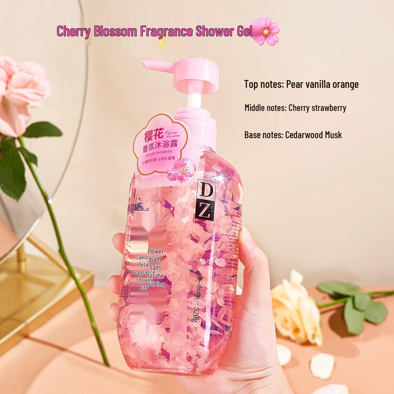 DZ Rose Cherry Blossom Scented Hydrating Shower Gel - Moisturizing with Long-Lasting Fragrance and Flower Petals.