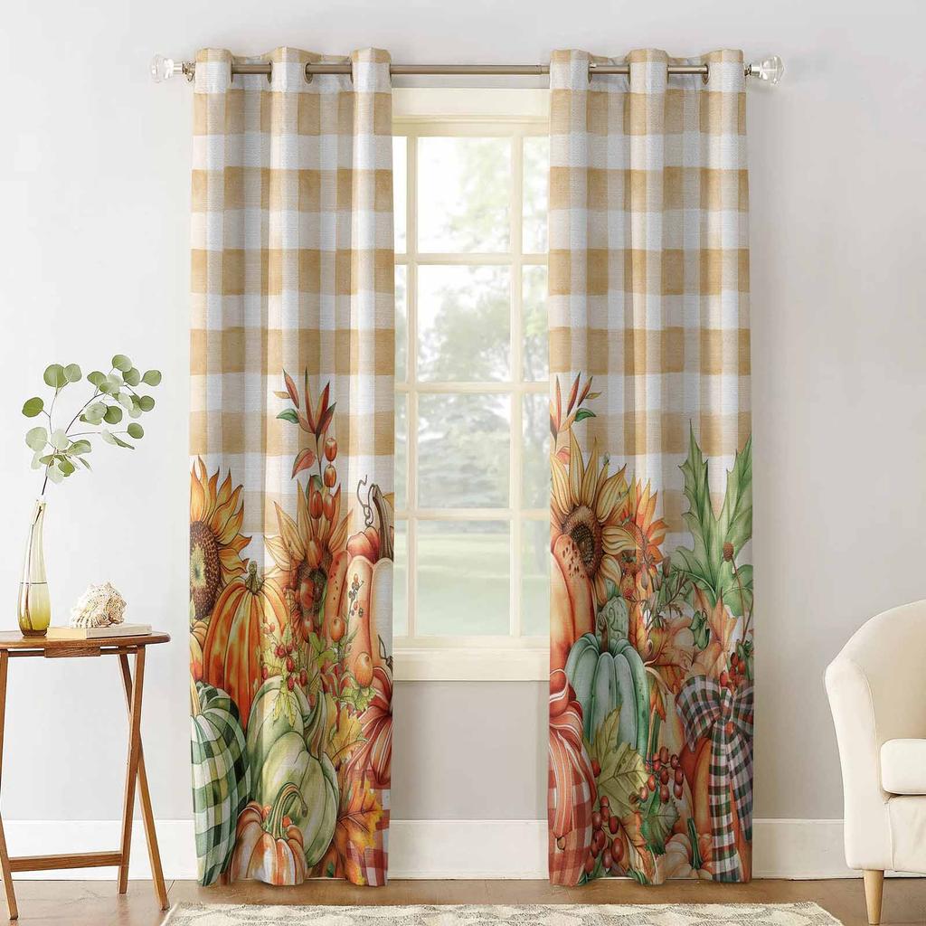Erntedank Kürbis Sonnenblume Schleife Karomuster Verdunkelungsvorhänge für Wohnzimmer Schlafzimmer Bedruckte Fensterdekoration Vorhänge Heimdeko