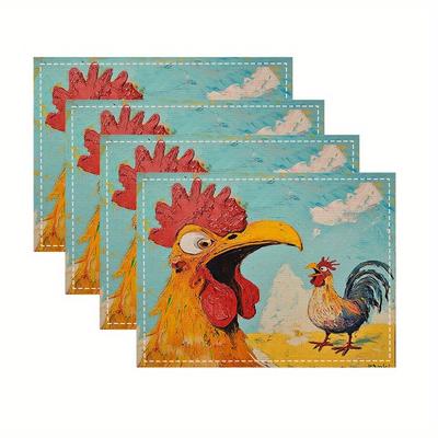 4pcs Rooster Printed Placemats , Heat-Resistant, Square, Machine Washable, Ideal for Home, Restaurant & Party Dining Decor