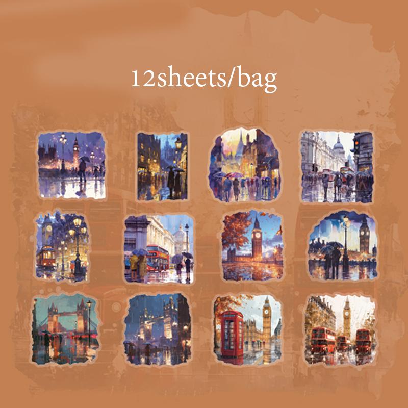 12pcs/bag PET Sticker Pack Romantic Rainy Season Window Night View Pattern Atmosphere Stickers DIY Envelope Gift Memo Decoration