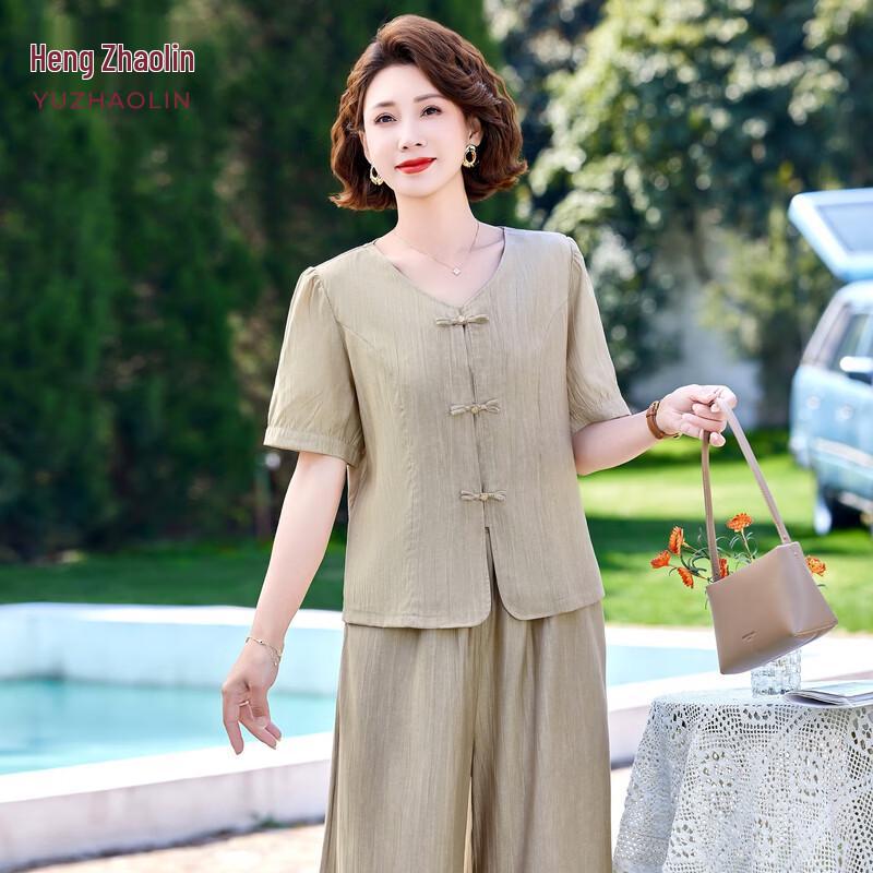

YUZHAOLIN Mid-Aged Women s Summer Short-Sleeve Top & Pants Set 5XL