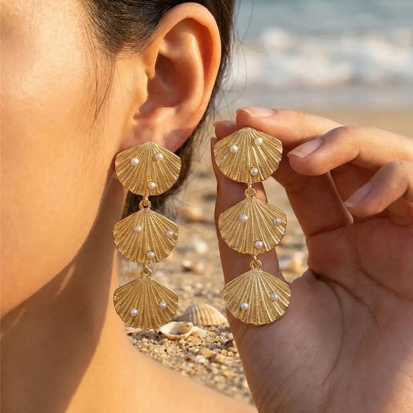 

Ocean Multilayer Seashell Pearl Dangle Earrings For Women Micro Inlay Imitation Pearl Metal Long Earring Beach Party Zircon