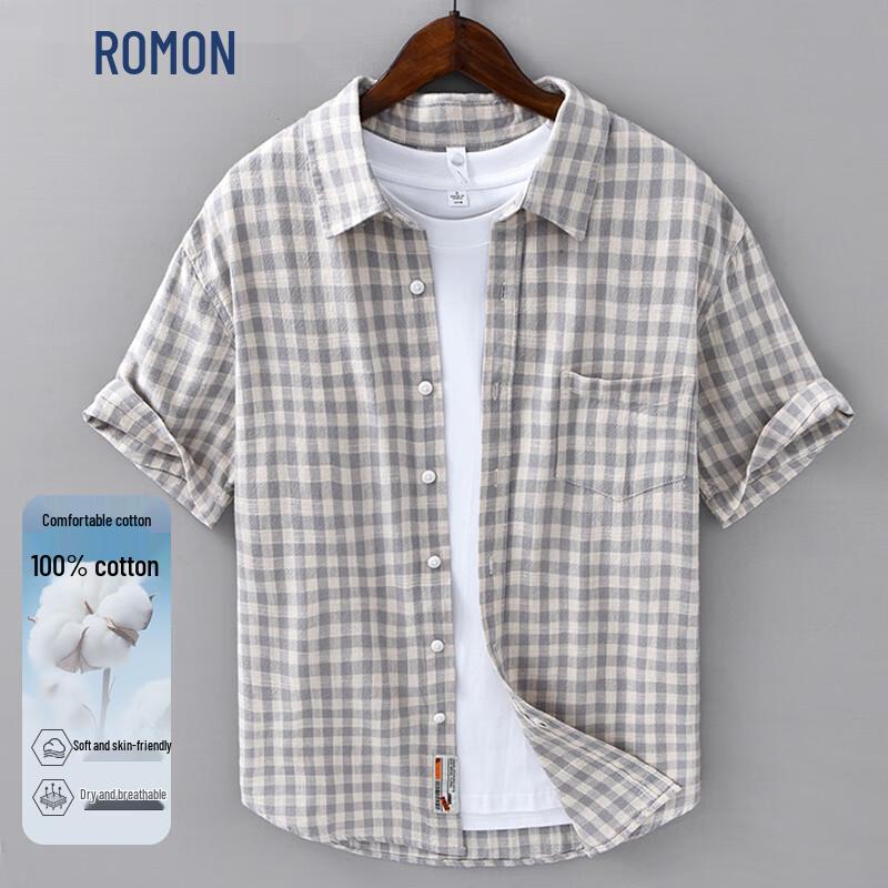 ROMON Men s Casual 100% Cotton Plaid Short-Sleeve Shirt L