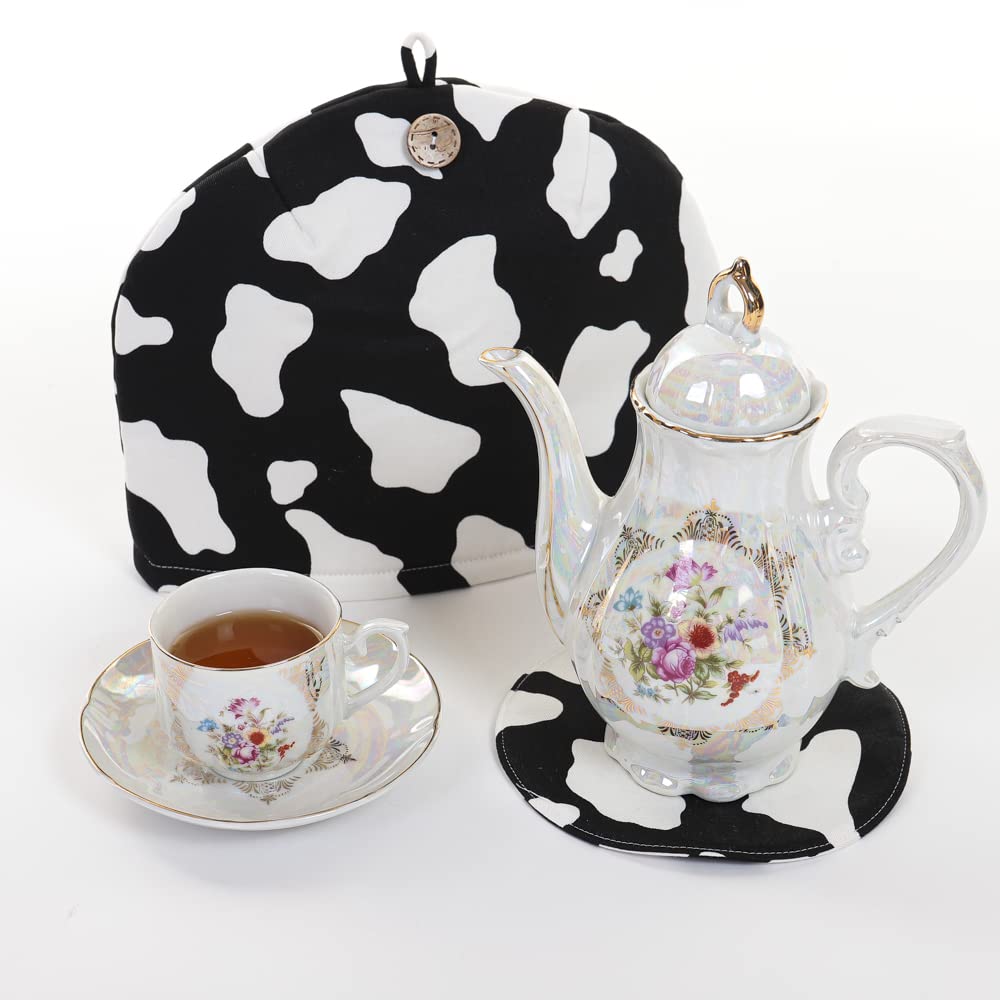 Stylish Tea Cozy Teapot Cover with Holstein Cow Black Animal Design, Crafted by Kawashima Sachiko and Akiko, Made In Japan, 100% Cotton