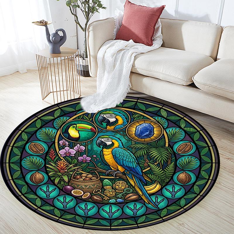 Jungle Parrot Glass Round Area Rug Under Office Chairs Bedroom Living Room Home Decor