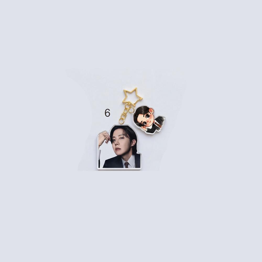 BTS Double-Charm Keychain, Bangtan Boys Photo & Cartoon Suit Figure Keyring with Star Hook, Kpop Idol Bag Pendant for ARMY Fans