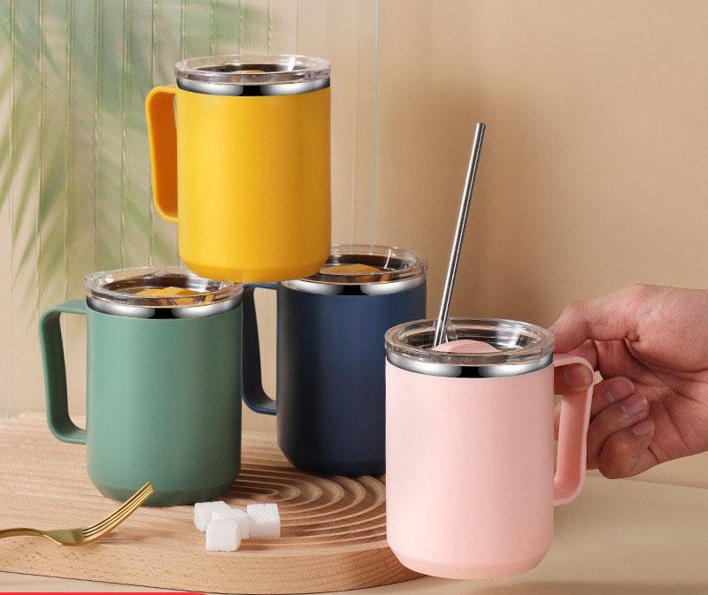 450ml Stainless Steel Heat Insulated Coffee Milk Mug Thermal Coffee Cup Double Wall with Handle and Lid Travel Drinking Tumbler