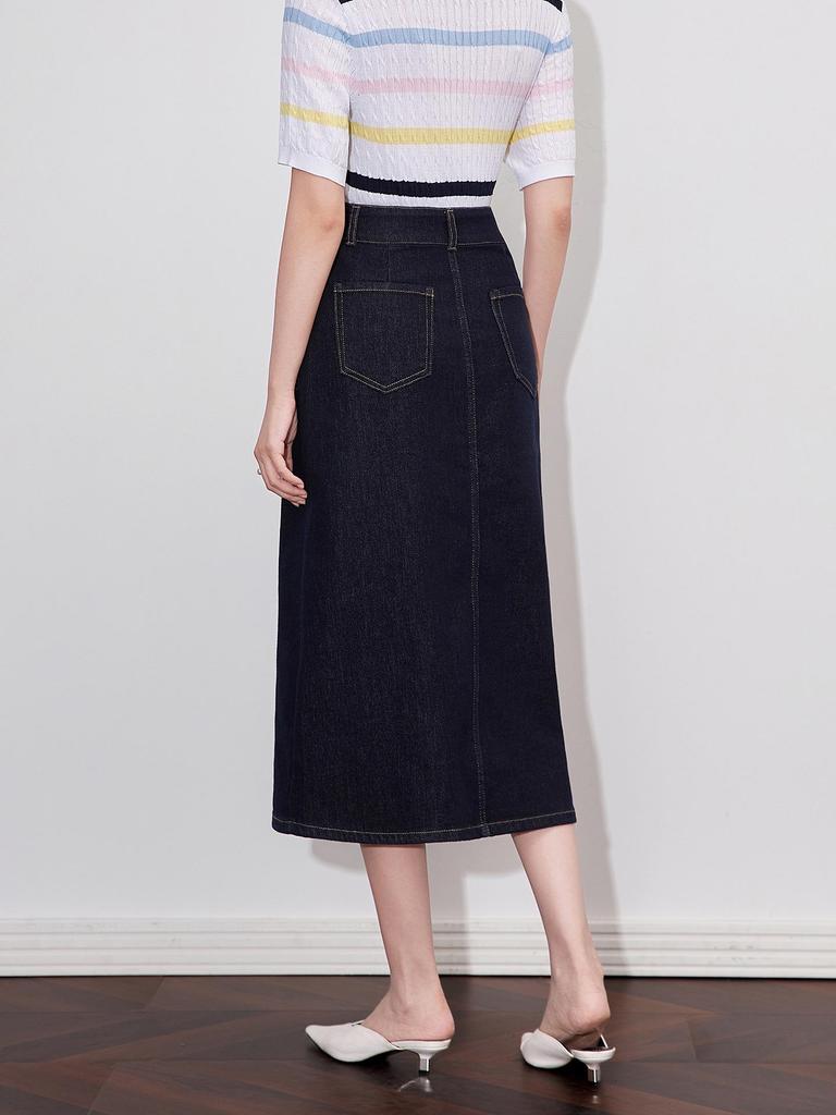 Retro Hong Kong Styl Vysoký Pas Džínová Midi Sukně s Rozparkem pro Ženy - Letní Nová Kolekce