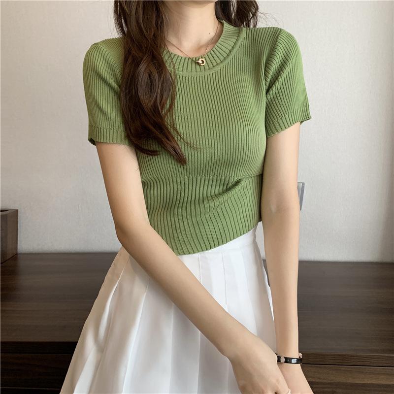 Round Neck Short-sleeved Knit Sweater Slim Thin Tide Short Paragraph Tops Female Casual Summer Essential Comfort and Style Slim Fit Pullovers Tees