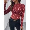 Women Sheer Polka Dot Mesh Half High Neck Long Sleeve Sexy T Shirt Top
