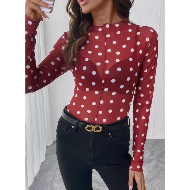 Women Sheer Polka Dot Mesh Half High Neck Long Sleeve Sexy T Shirt Top