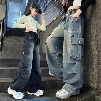 Kids Vintage Distressed Jeans with Pocket for Girls Y2K High Street Denim Pants Teens Child Baggy Cargo Jeans Trousers