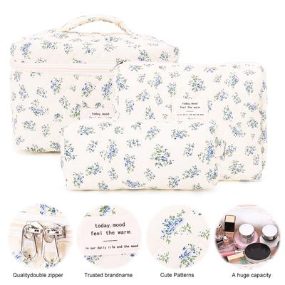 3Pcs Quilted Makeup Bag Cosmetic Organizer Bag Large Capacity Portable Cosmetic Pouch Cotton Pen Bag Outdoor Travel Bag