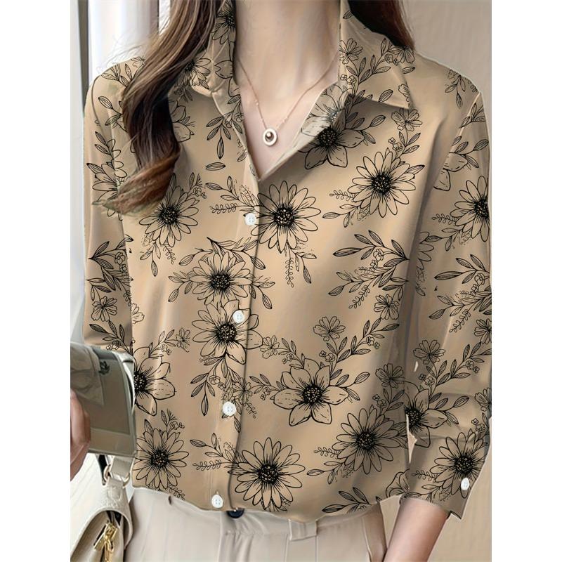 New Women's Lapel Long Sleeve Shirt Casual Loose Hundred Fashion Trend Flower Pattern Ladies Daily Outdoor Travel Clothing